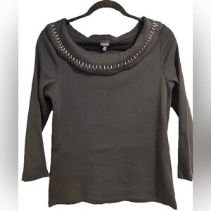 RAFAELLA Women's Black Knit Top 3/4 Sleeve Silver Stud Embellished Neckline M